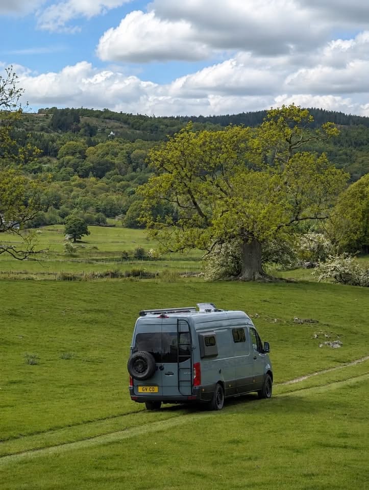 Rear view in scenic green valley