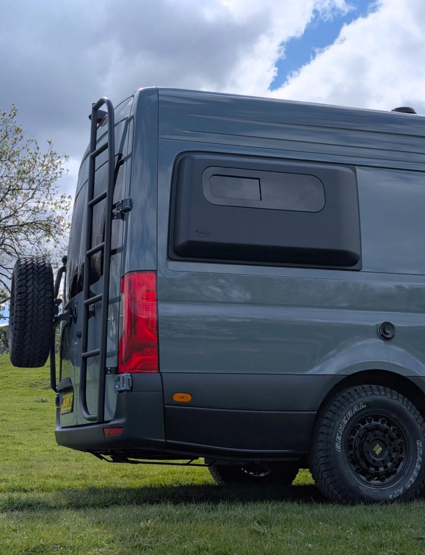 Close-up of rear ladder and spare wheel carrier
