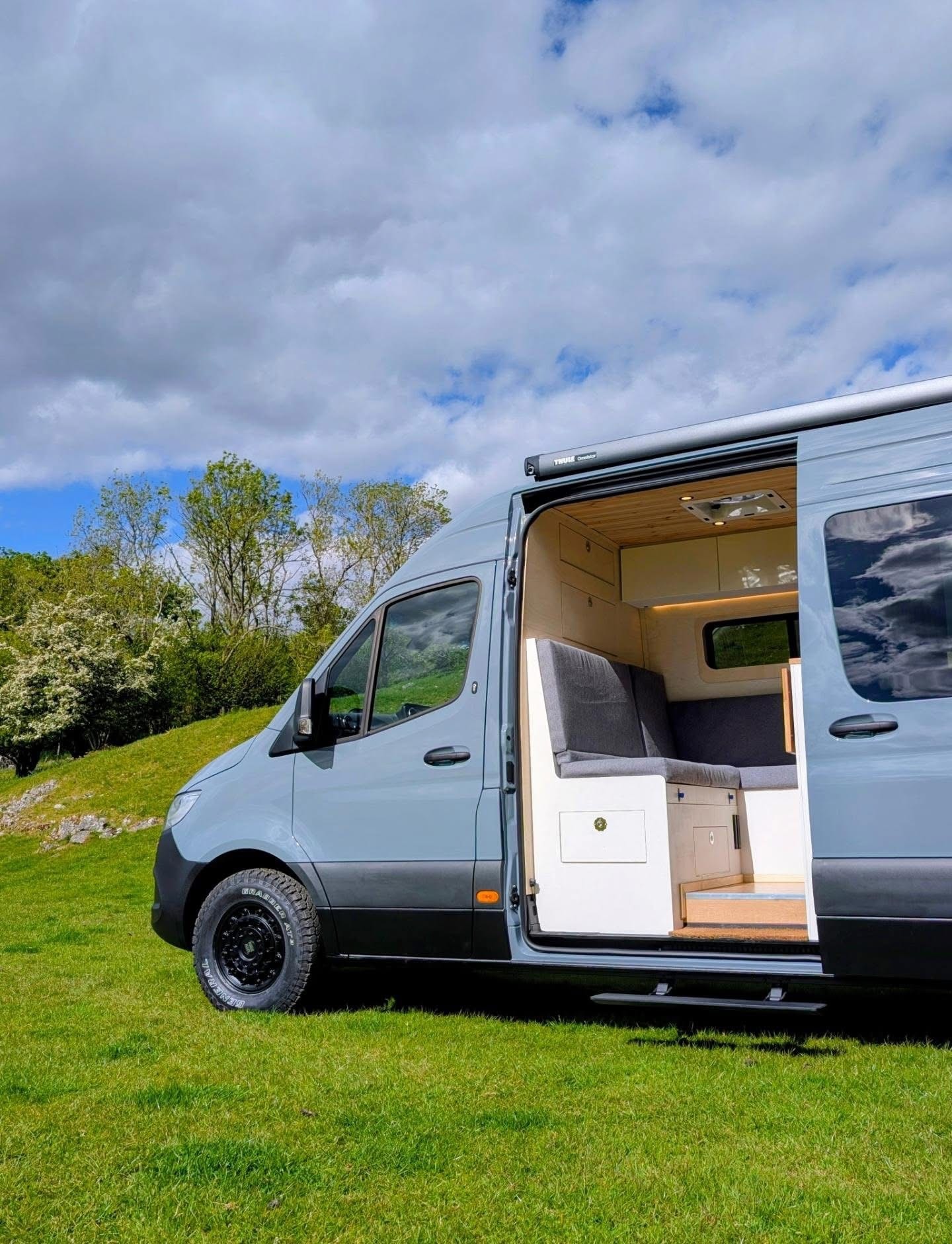 Side view with sliding door open, Lake District backdrop