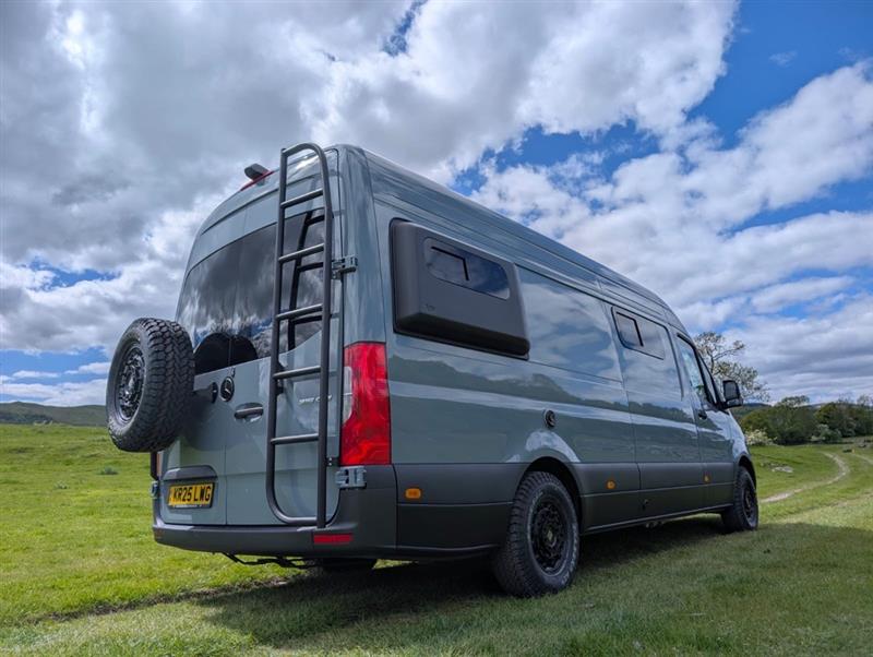 Headliner Campervans — rear view with ladder and spare wheel