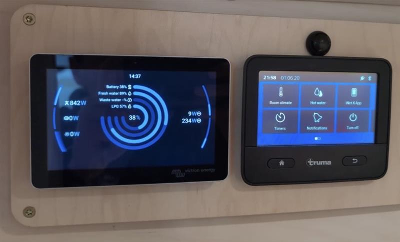 Victron energy monitor and Truma control panel mounted on birch ply wall